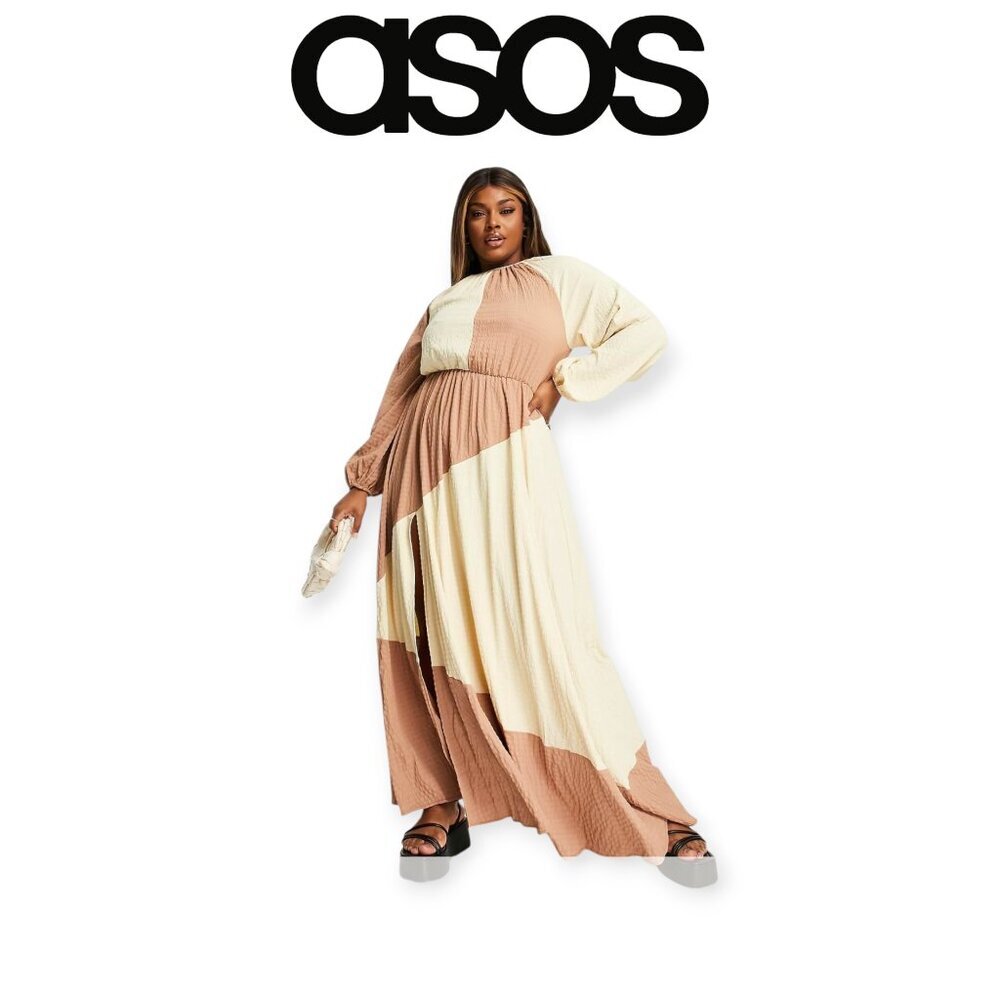ASOS Curve Colorblock Maxi Dress Mocha Tan Long Sleeve Wedding Guest Size 12 NWT